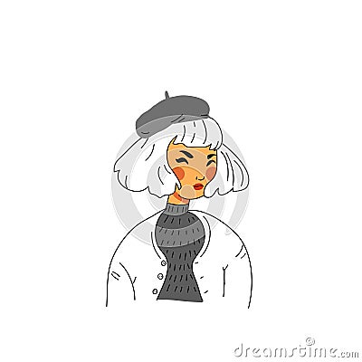girl in beret and grey coats walking line art Vector Illustration